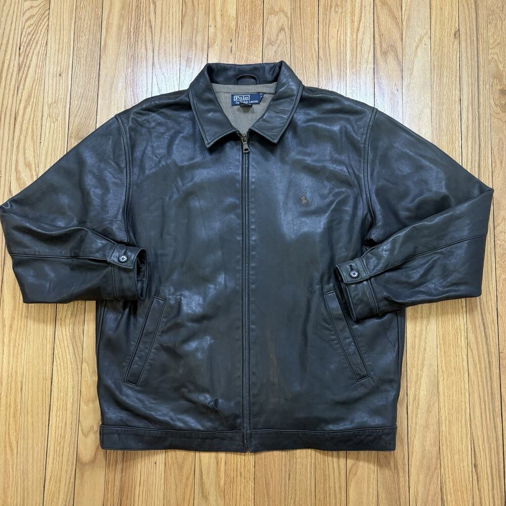 Polo Ralph Lauren Leather Jacket Men’s Size L Zip Front Plaid Lined *Flaw Read